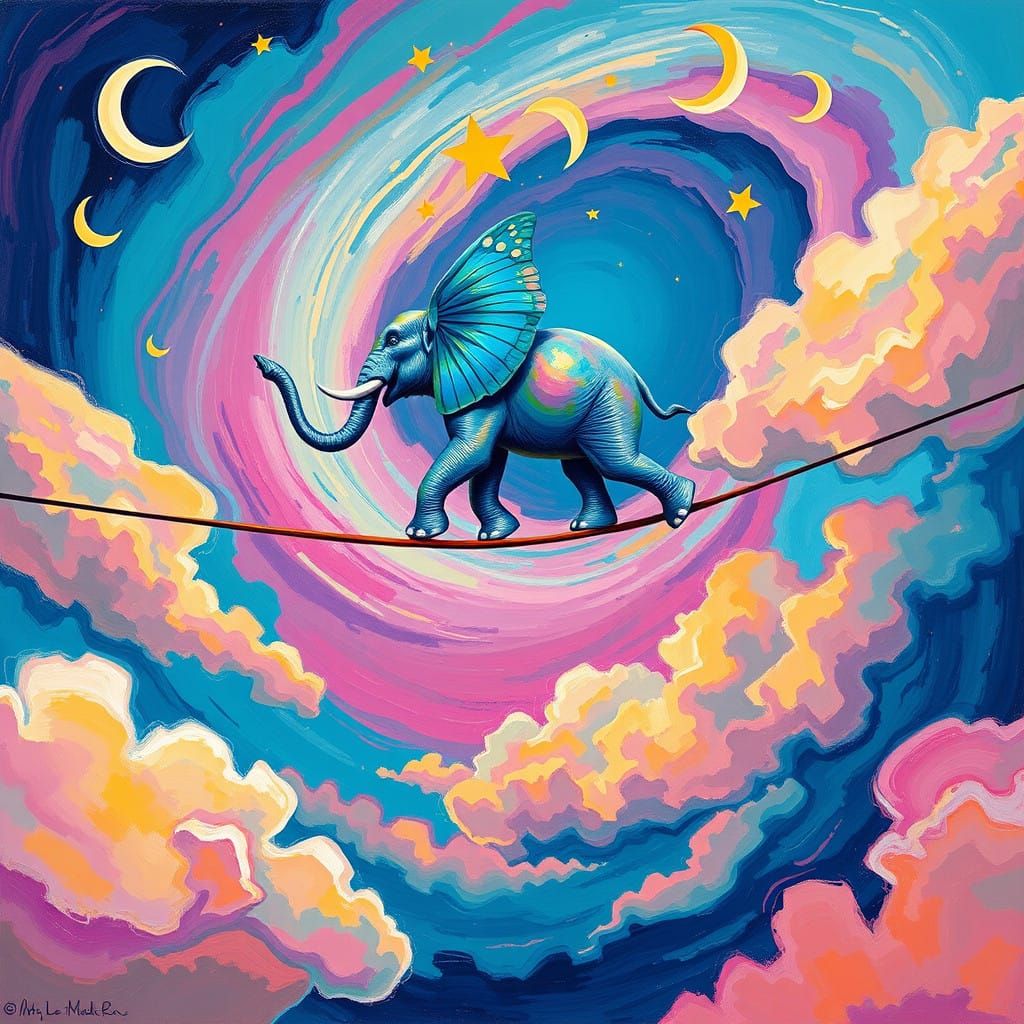 Ethereal Elephant Soars on Vibrant Tightrope