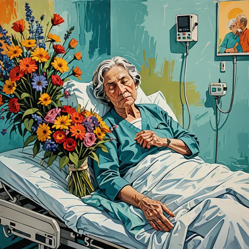 Abstract Art: Elderly Woman Receives Flowers in Hospital