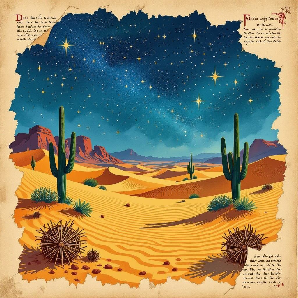 Whimsical Desert Landscape in Dark Vintage Style