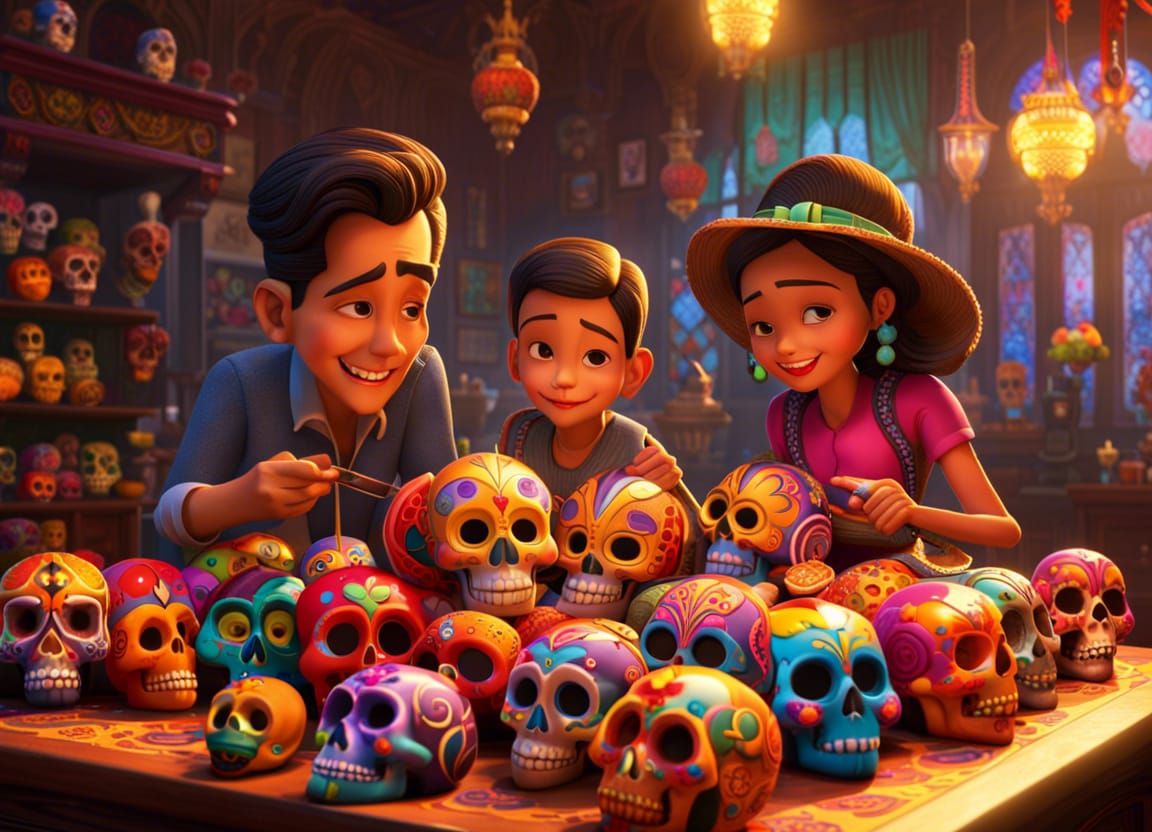 Families Decorating Sugar Skulls in Pixar Style
