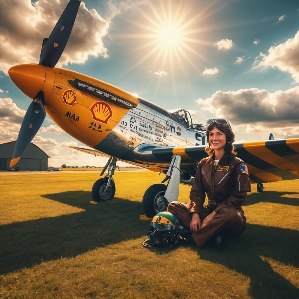Female Pilot Portrait with P-51 Mustang Aircraft