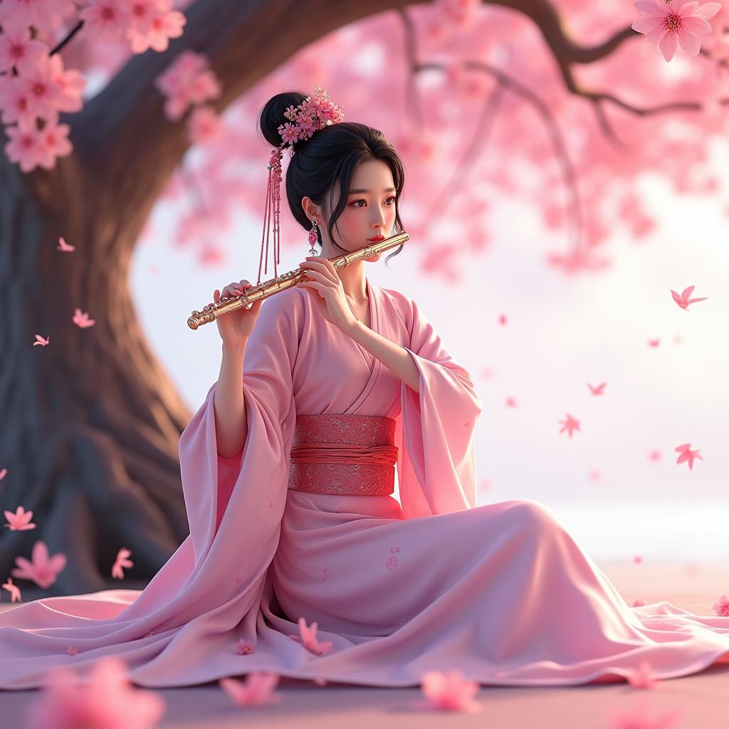 Elegant Flute Player Under Cherry Tree in 3D Anime Art