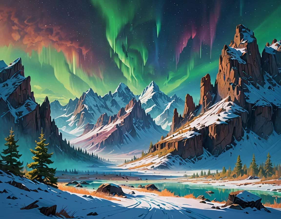 Aurora-Lit Mountains in Ethereal Digital Painting