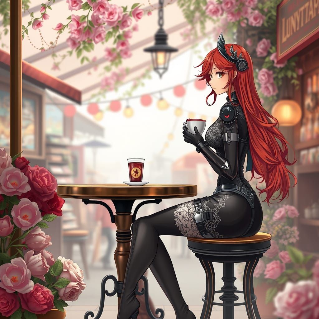Elegant Steampunk Cyborg Having Tea in Anime Style
