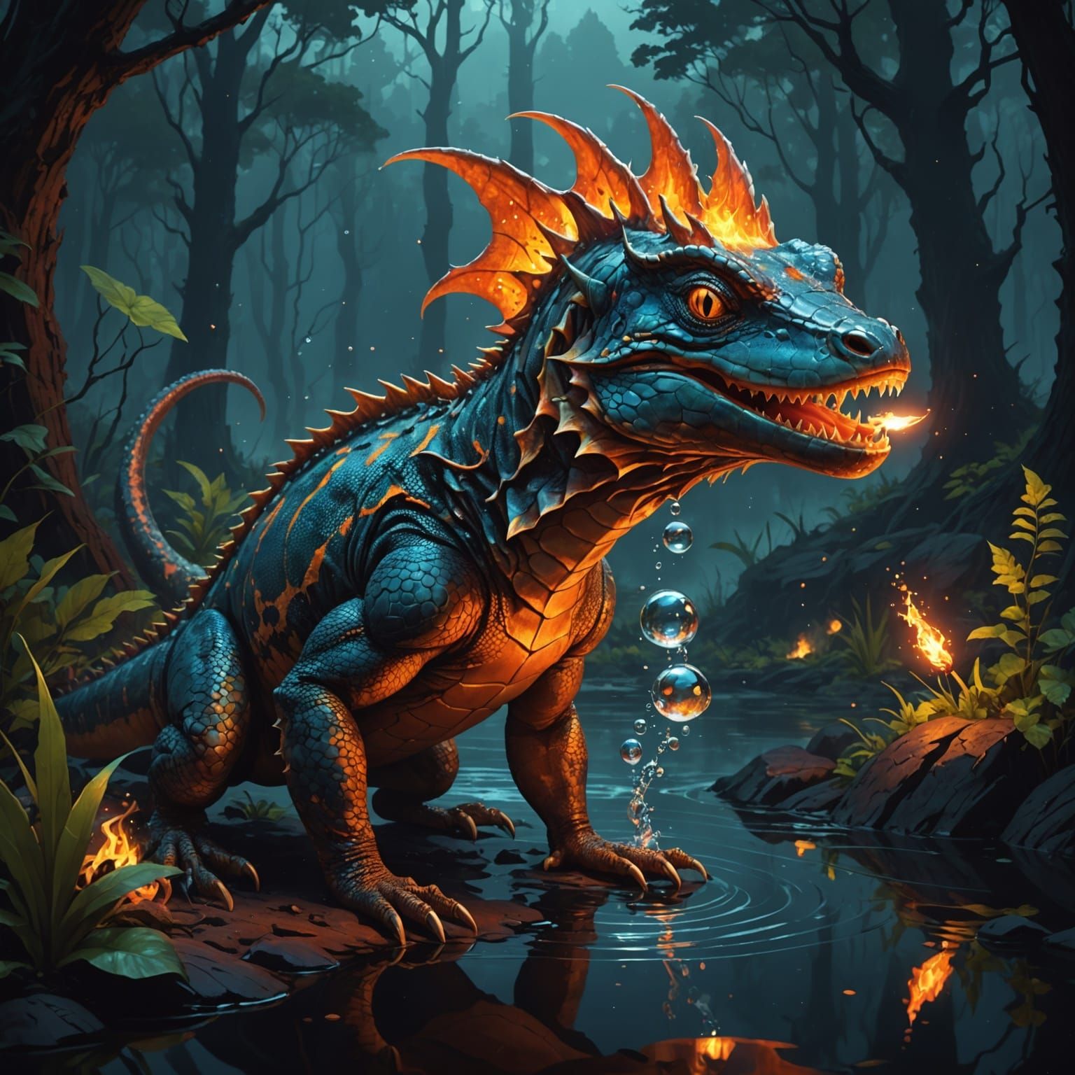 Lizard Breathes Underwater Near Lava Lake with Fire Minotaur