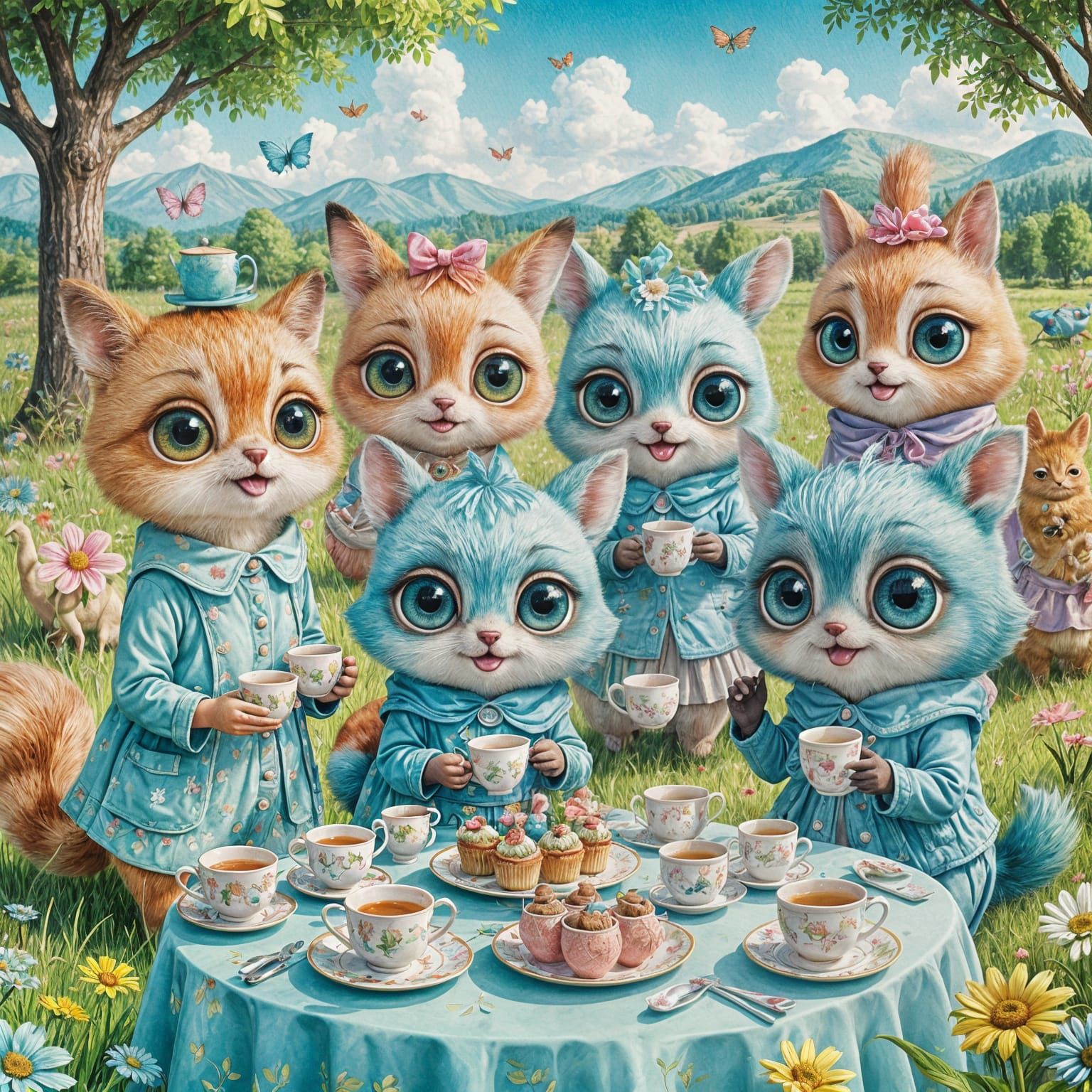 Kawaii Cartoon Animals Tea Party in Watercolor