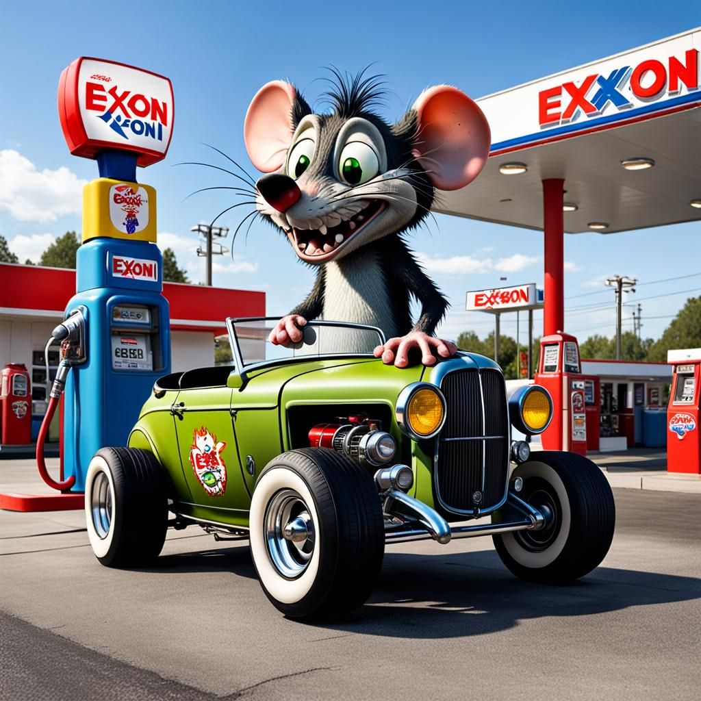Ratfink at Exxon Gas Station with Gasser Car
