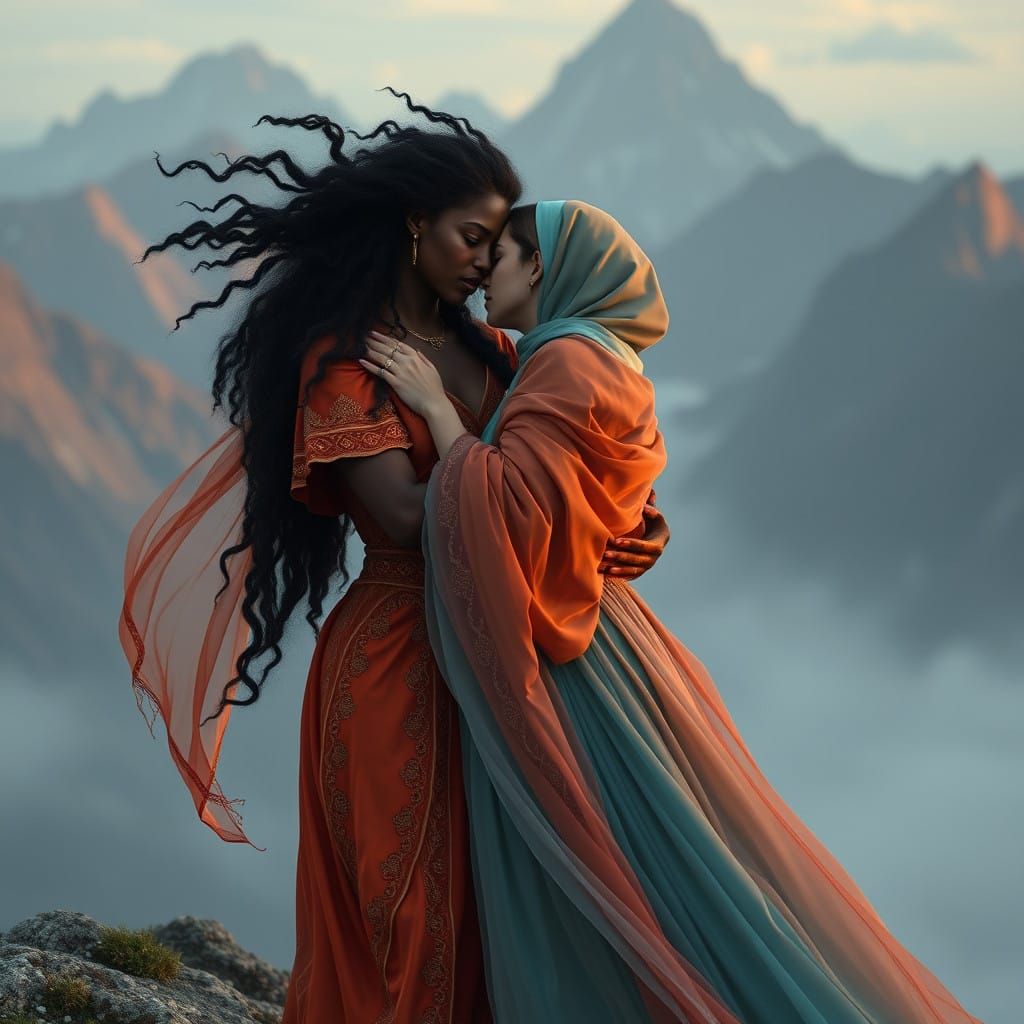 Ethereal Romance: Majestic Women Embracing in Vibrant, Dream...
