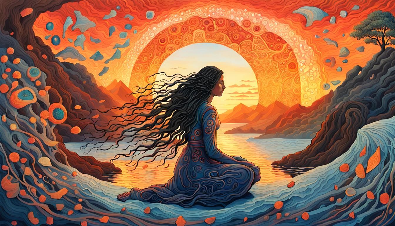 Sunset Woman Collecting Mirror Shards in Bio Art Style