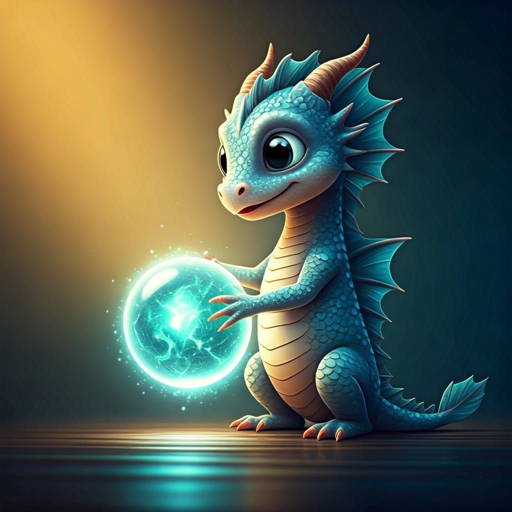 Adorable Water Dragon Cub with Ethereal Orb as 3D Art