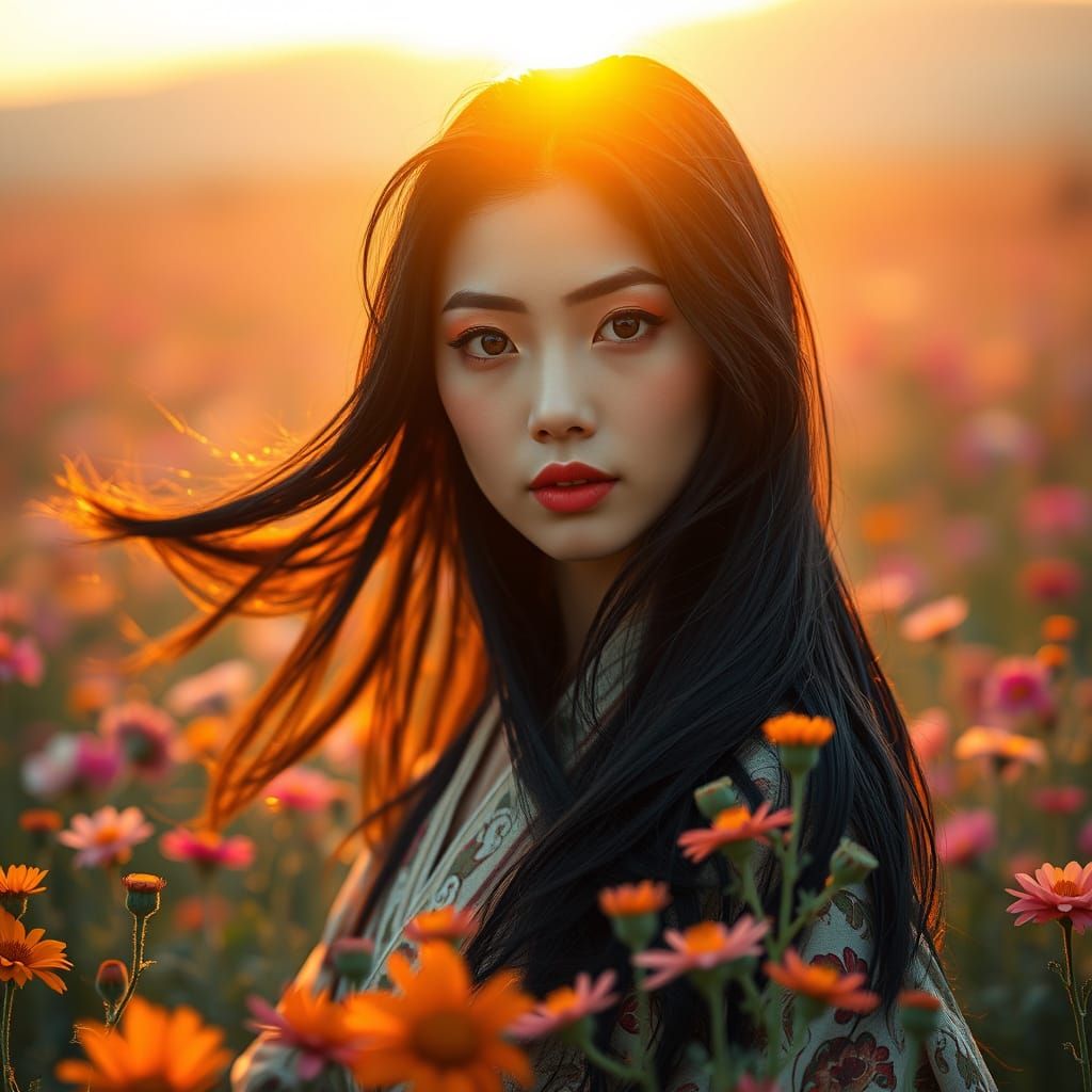 Japanese Woman in Wildflower Field at Dawn