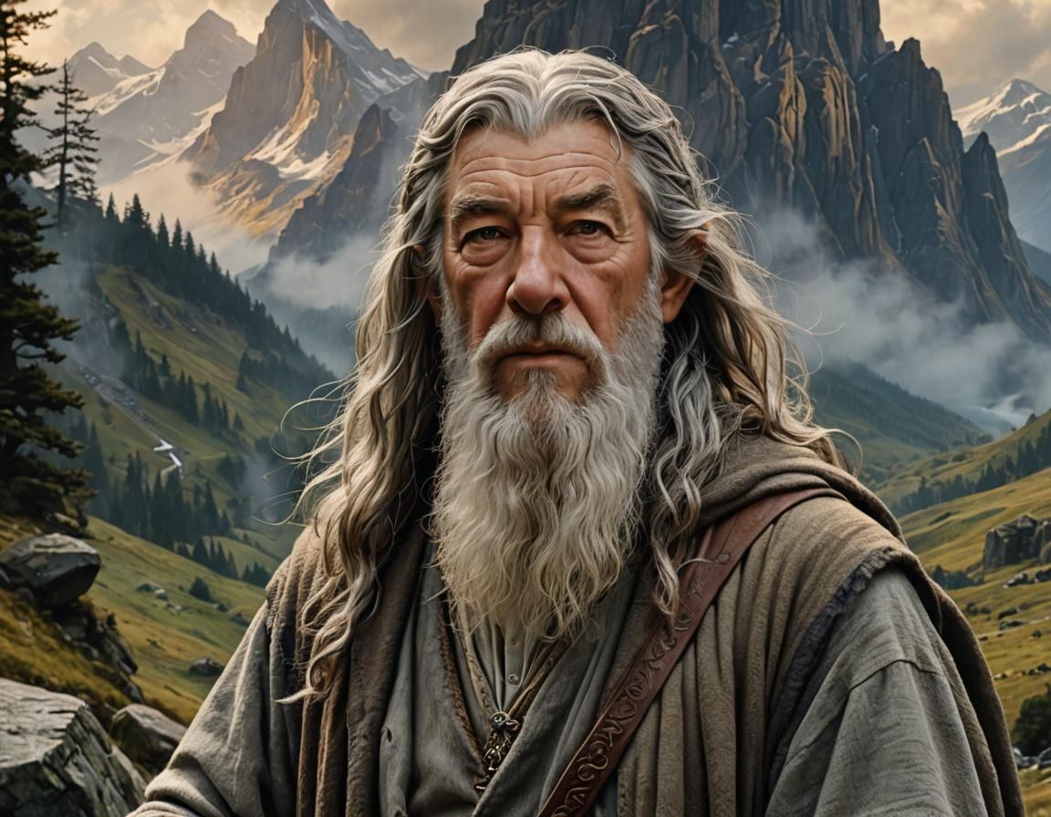 Detailed Portrait of Gandalf in the Mountains