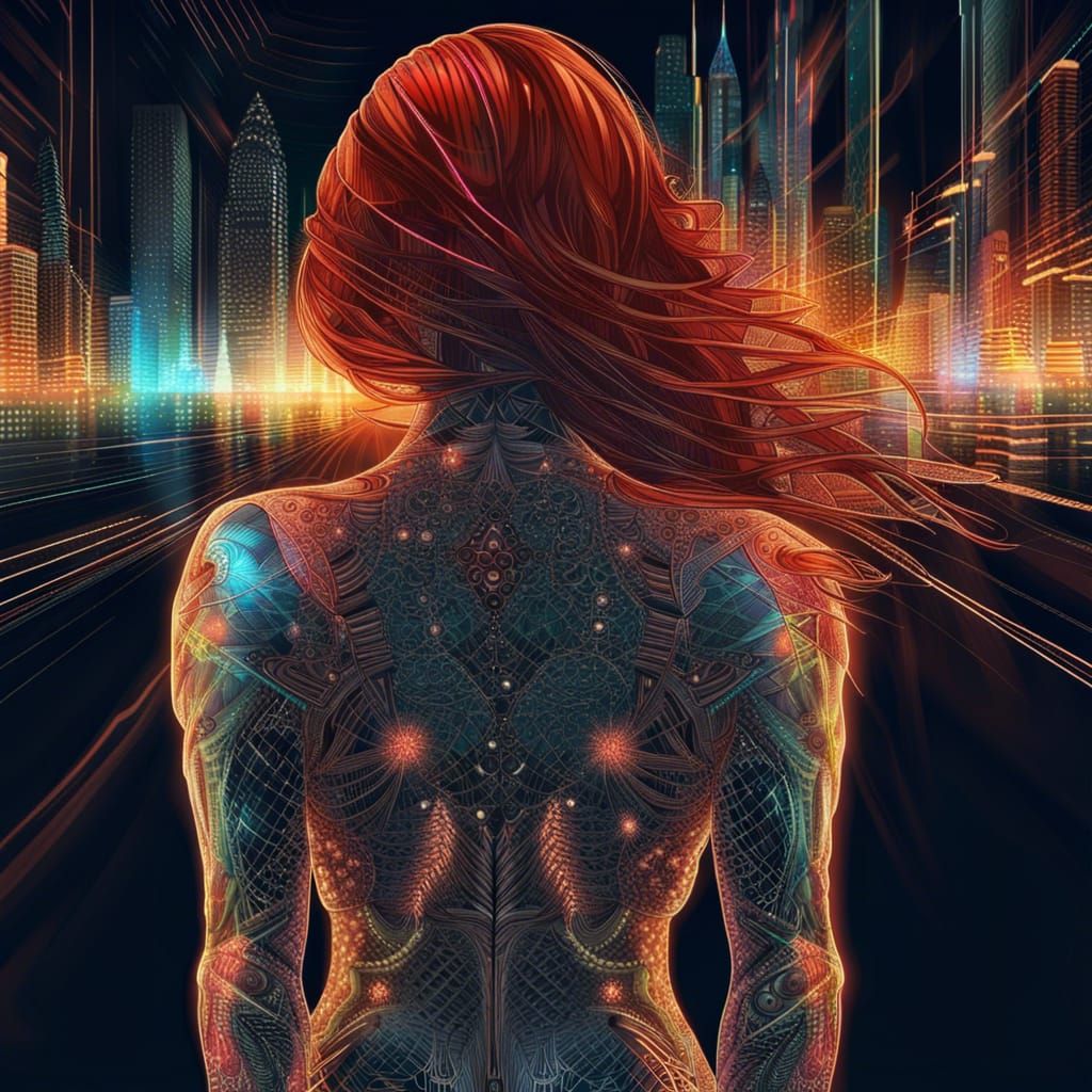 Redhead in Hi-Tec Armor with Neon City Backdrop