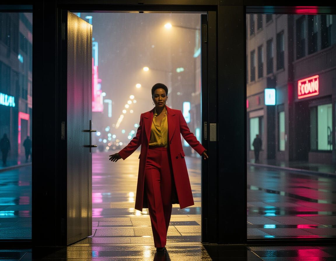 Confident Figure Emerges into Bright Cityscape