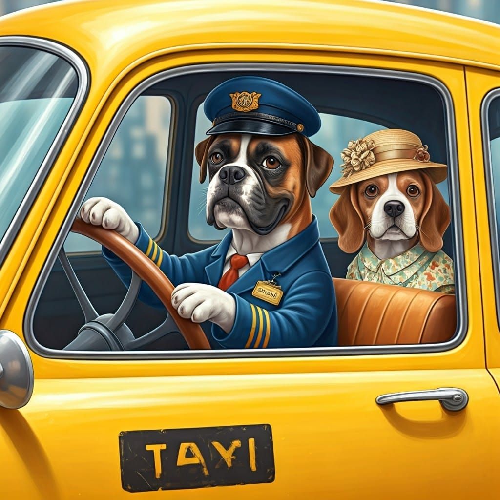 Cheerful Boxer Dog Taxi Driver in Whimsical City Scene
