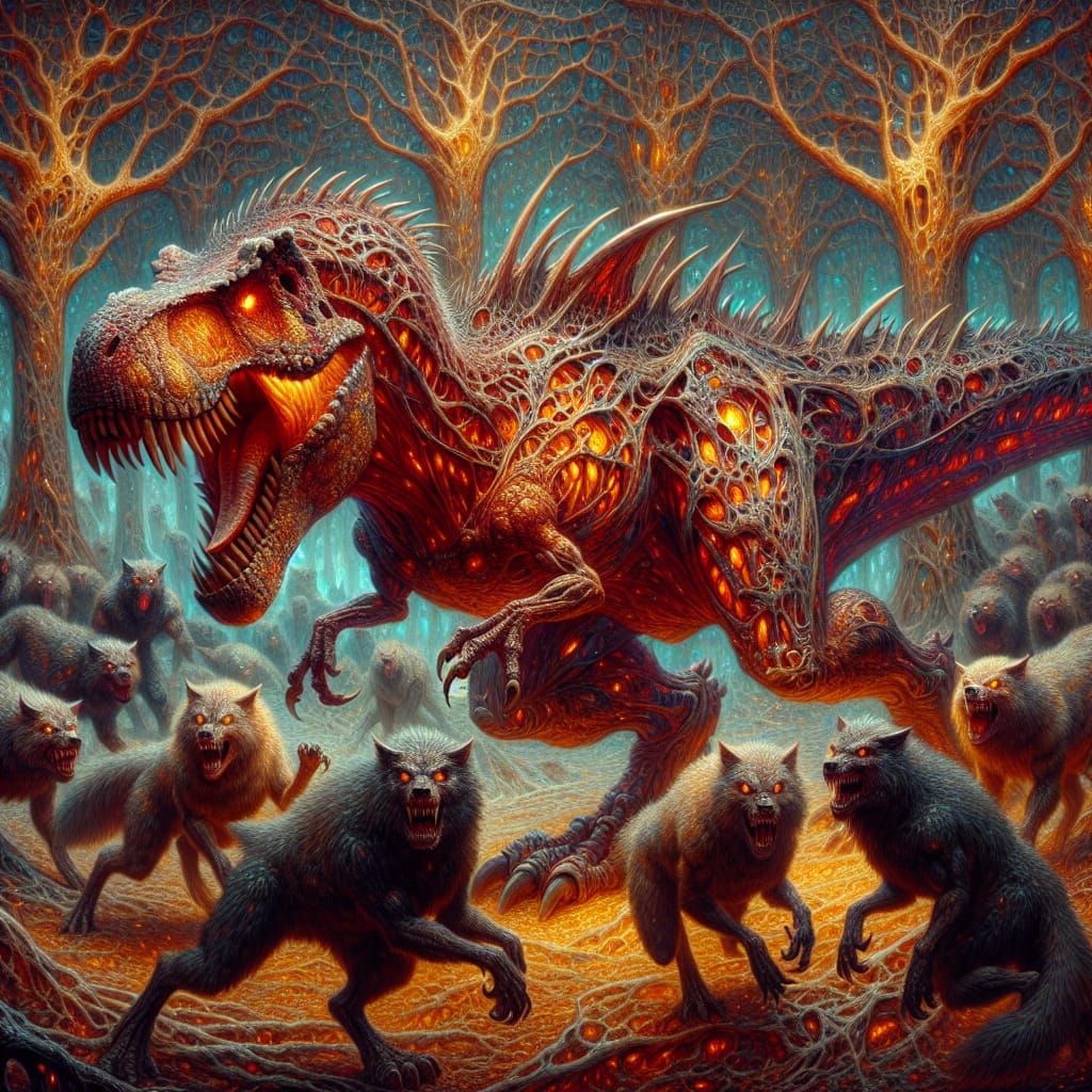 Red Opal T-Rex Confronts Werewolves: Impressionistic 8k
