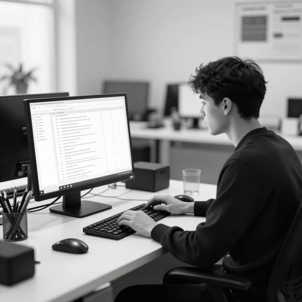 Man Works in Office on Computer in Black and White Style