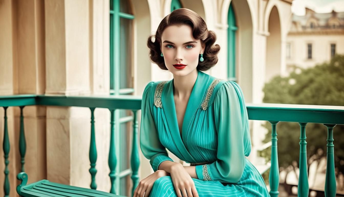 Brunette in Emerald Gown Overlooking 1930s Race, Art Deco