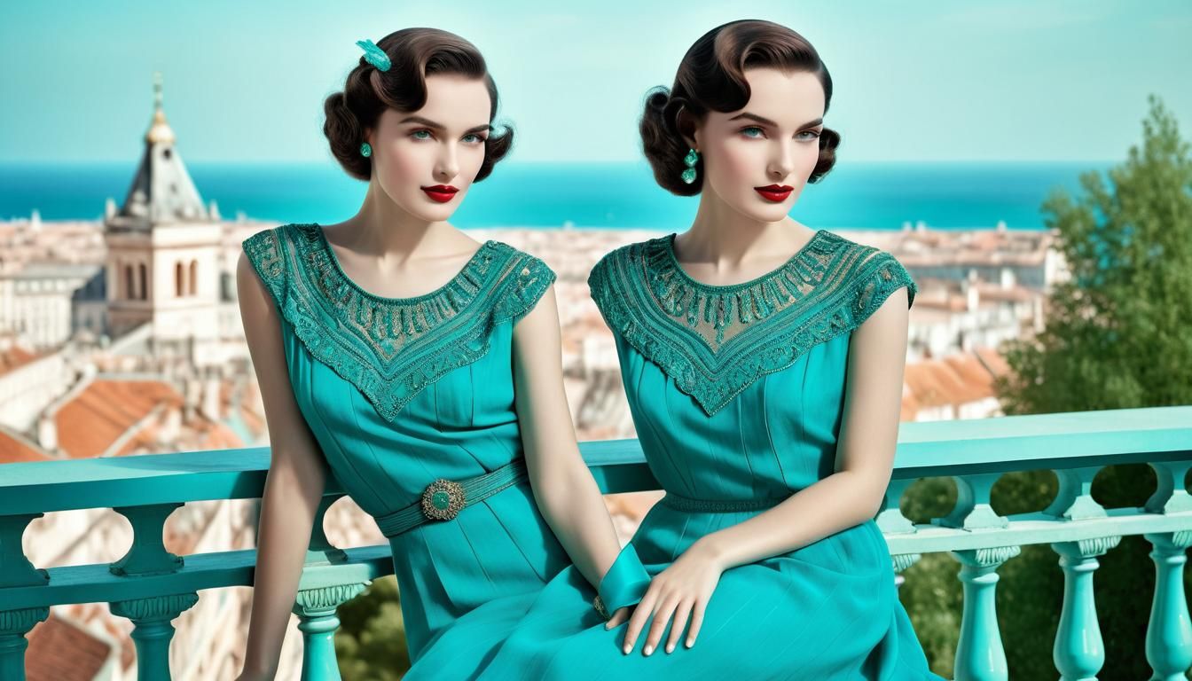 Brunette in Emerald Gown Overlooking 1930s Race, Art Deco St...