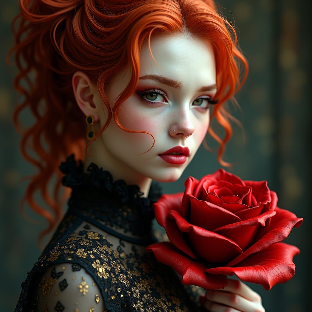 Albino Woman with Red Hair and Rose in Art Nouveau Style