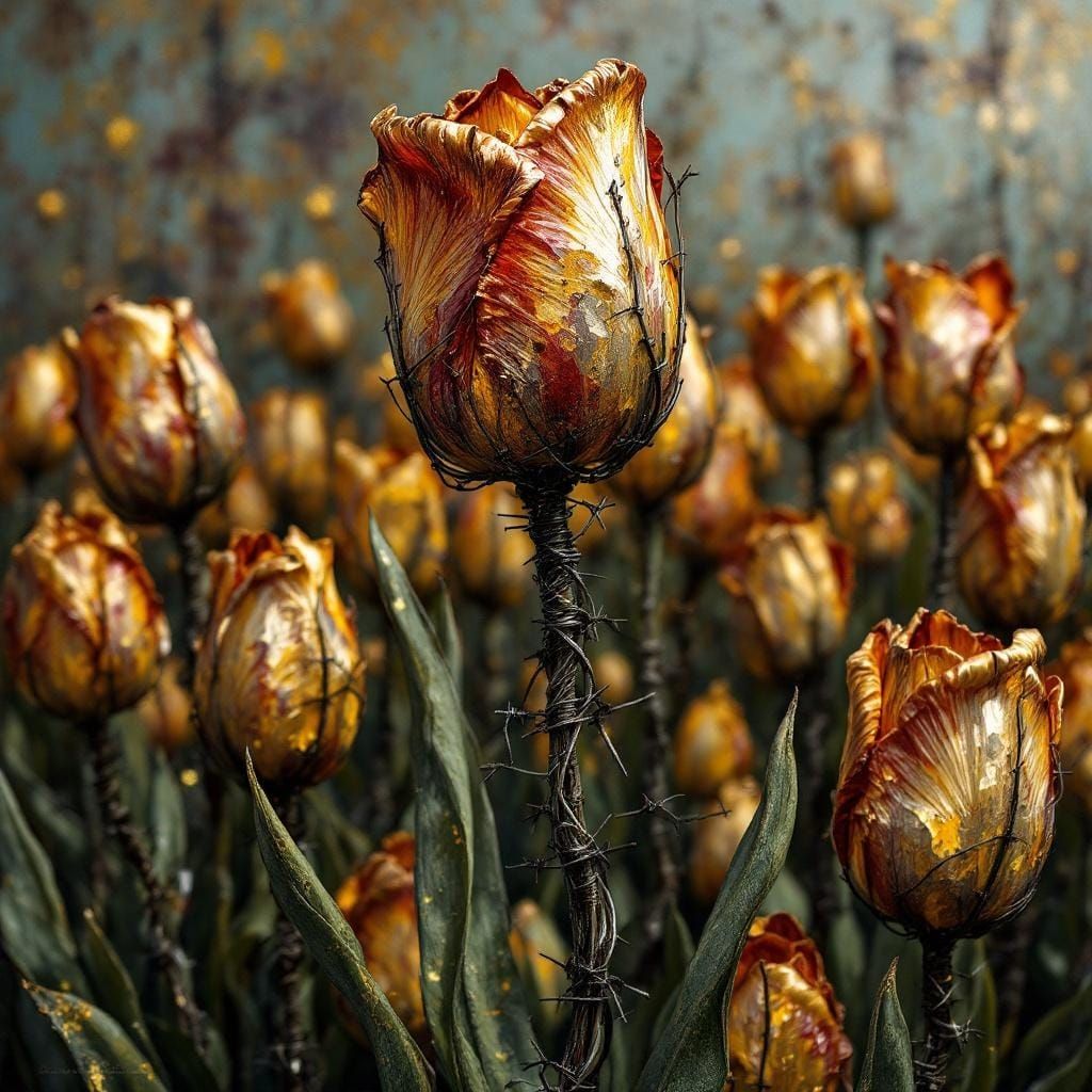 Barbed Wire Tulips in Expressionist Impasto Style