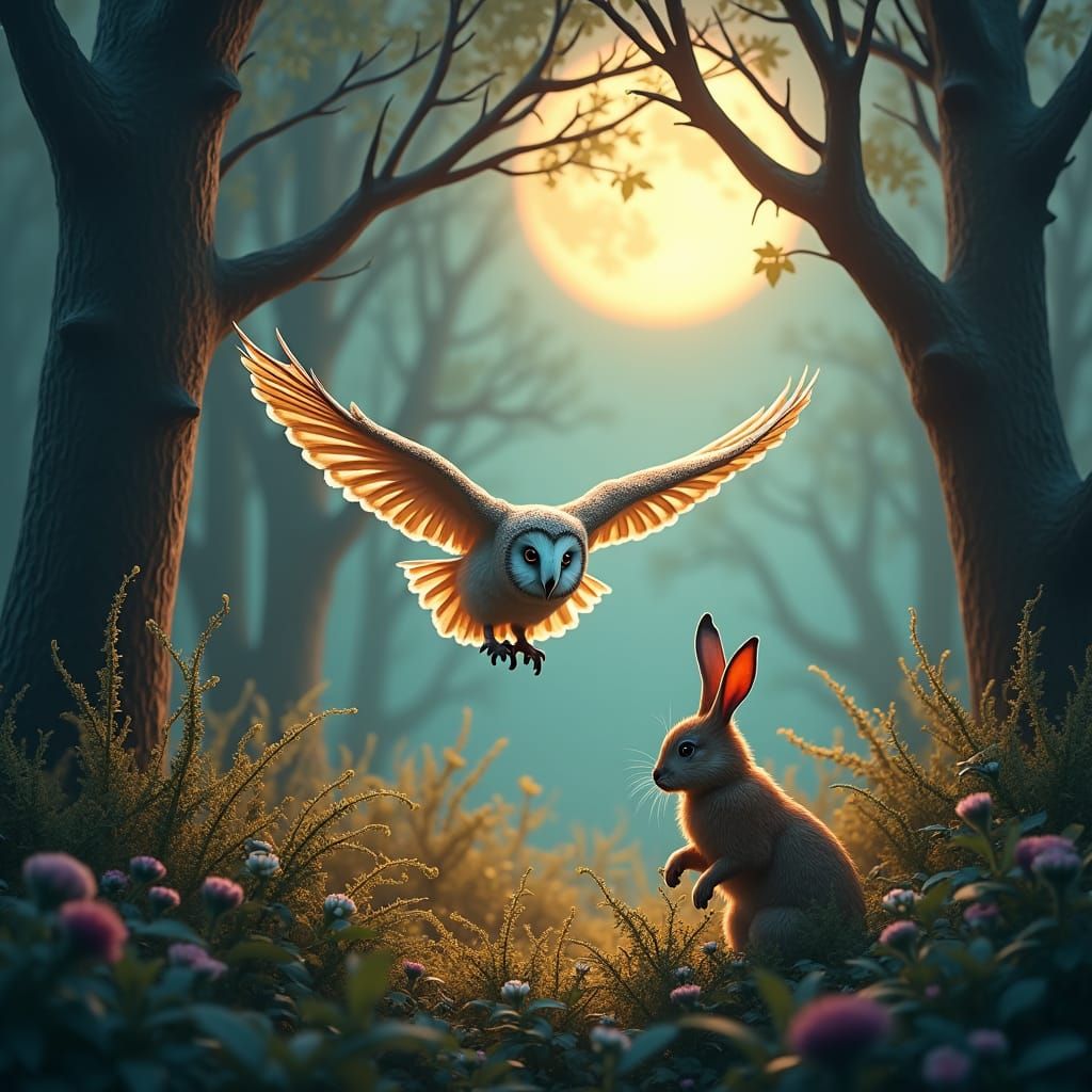 Owl Hunting Rabbit in Mystical Forest