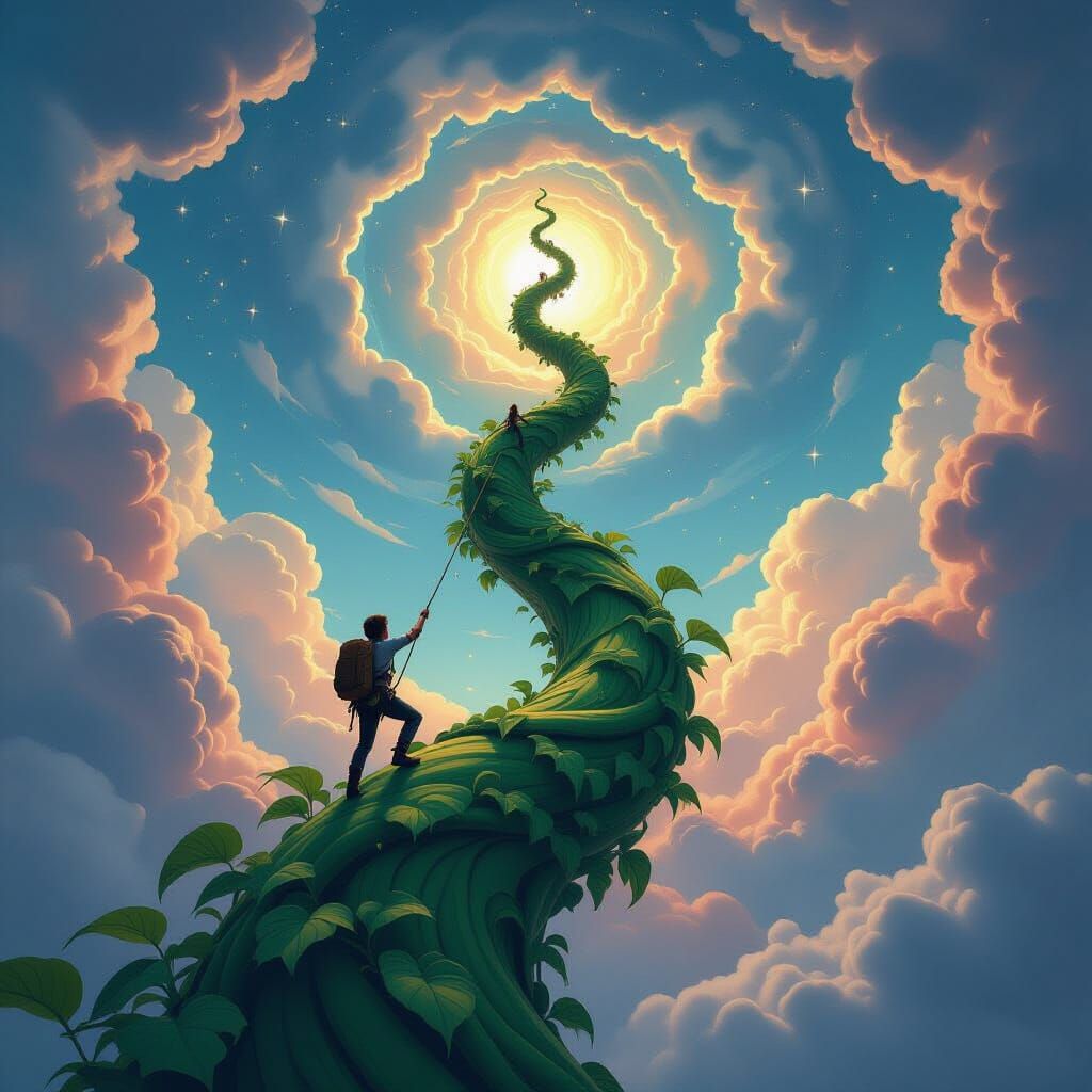 Jack Ascends Enormous Beanstalk to Starry Sky