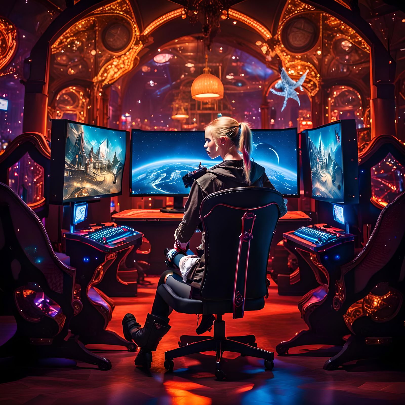 Chloe, Twitch Gaming Girl of The Future, Playing Assassins Creed in Futuristic Gaming Den/Capsule, By Lord Elboron