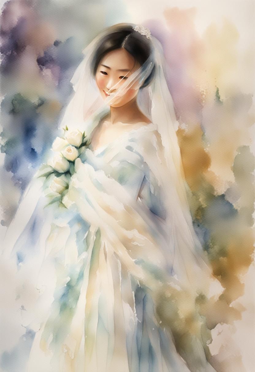 Asian Bride with Roses in Watercolor Painting
