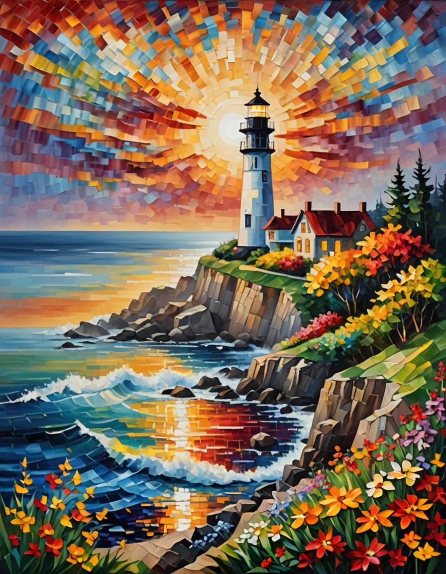 Lighthouse with Mosaic Sun in Impasto Style