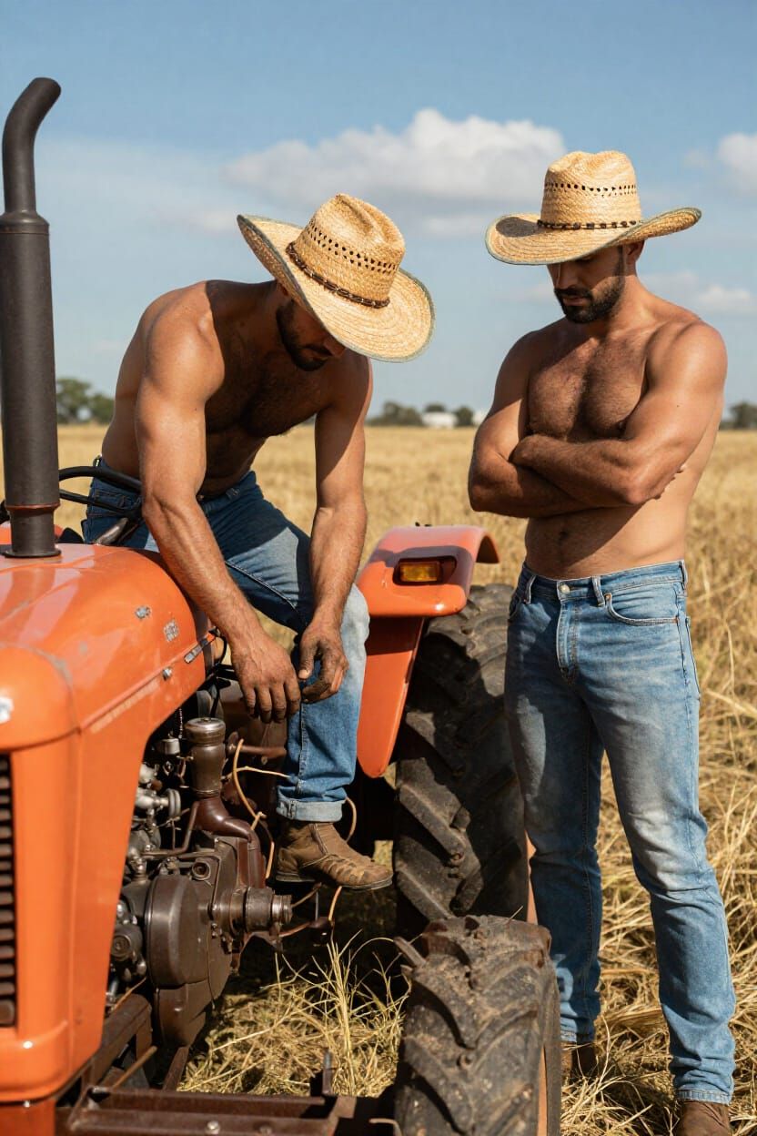 Muscular Men Repairing Vintage Tractor in Rural Field