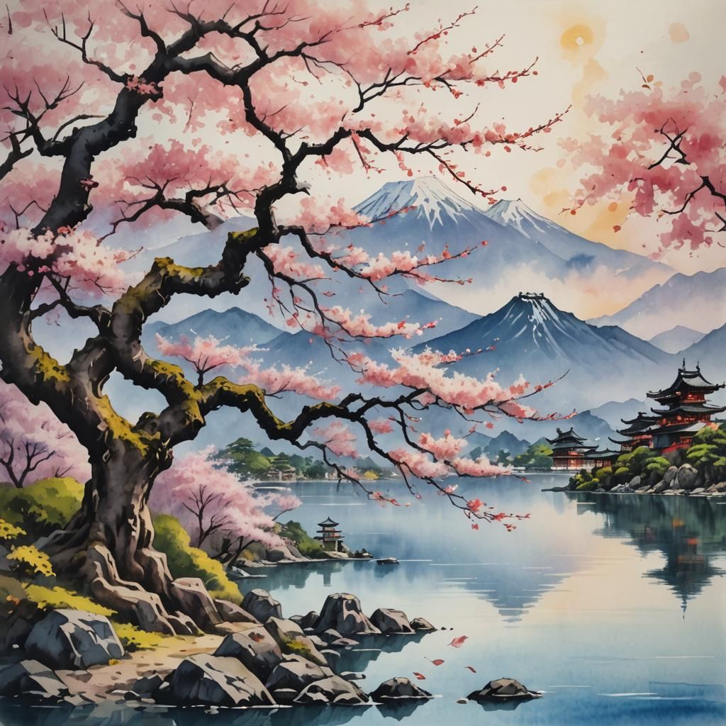 Ancient Sakura Tree Watercolor Painting
