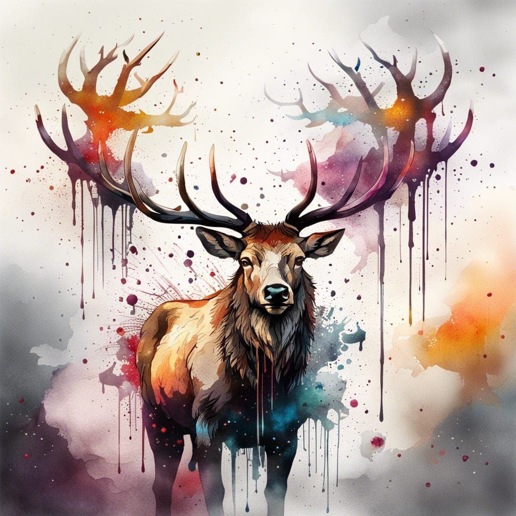 Watercolor Elk with Splatter Art