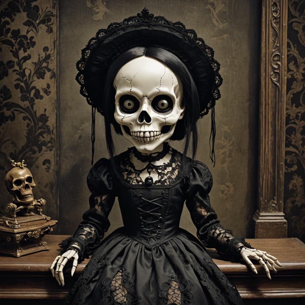 Creepy Gothic Skull Puppet in Black Lace Dress
