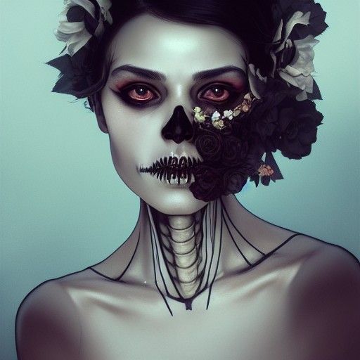 Girl with Skeleton Makeup and Flowers, Detailed Portrait