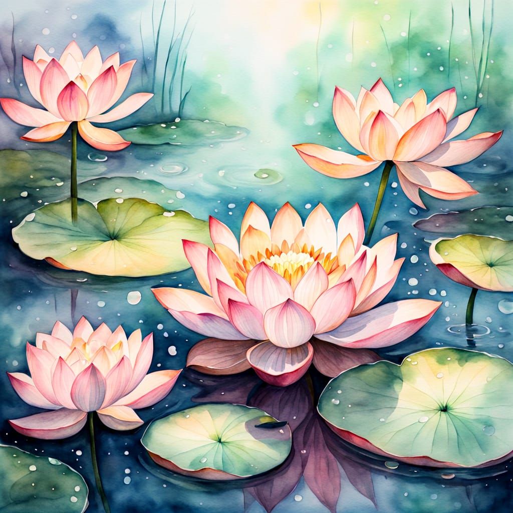 Glowing Lotus Flowers in Watercolor Painting