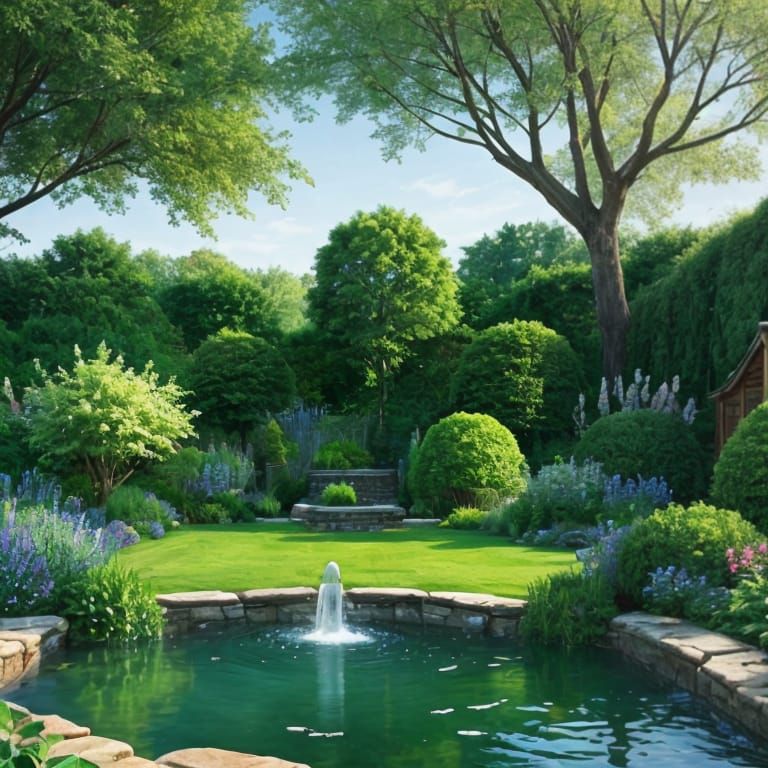 Serene Tree-less Garden with Water Feature