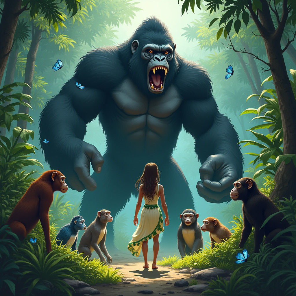 Heroine Confronts Gorilla in Vibrant Jungle Painting