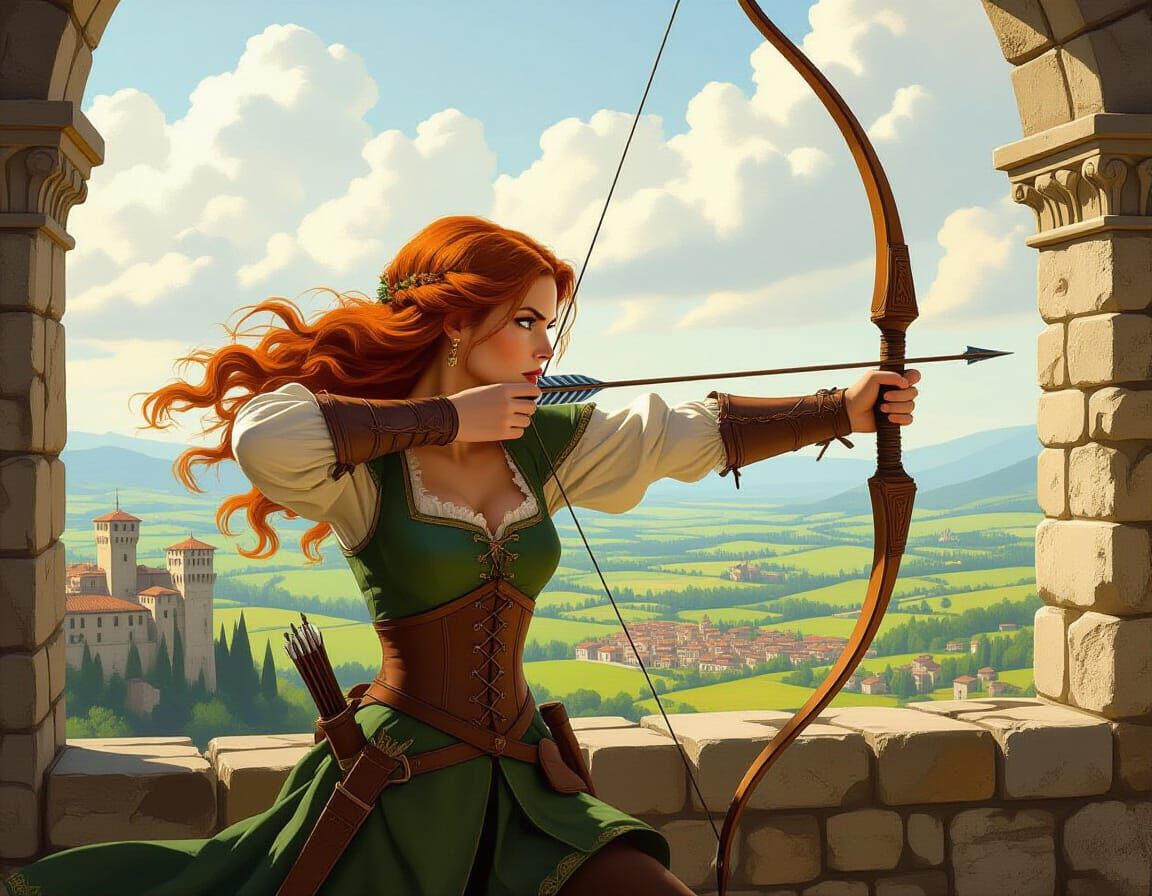 Renaissance Woman Aims Crossbow From Castle Tower in Michela...