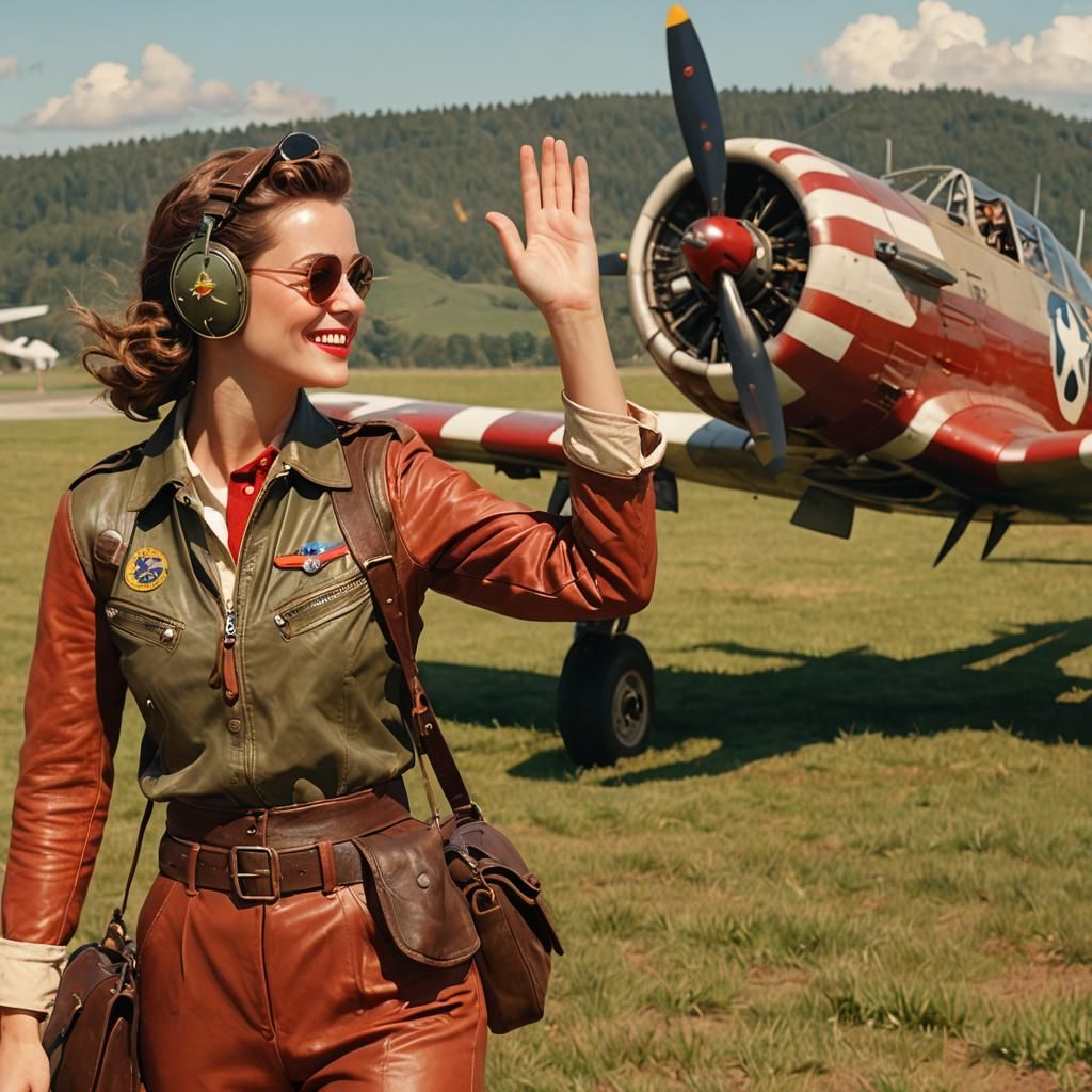 Vintage WWII Pilot Beside T-6 Harvard Aircraft