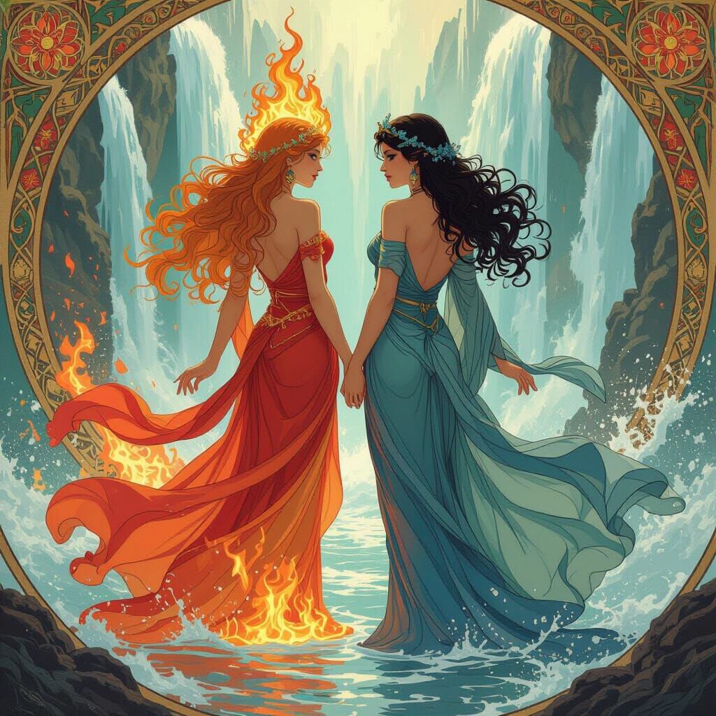 Elemental Goddesses in Art Nouveau Style