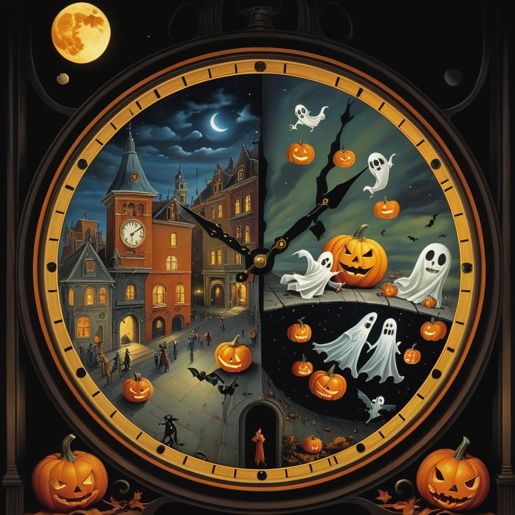 Surreal Halloween Clock: Whimsical City vs. Spooky Night