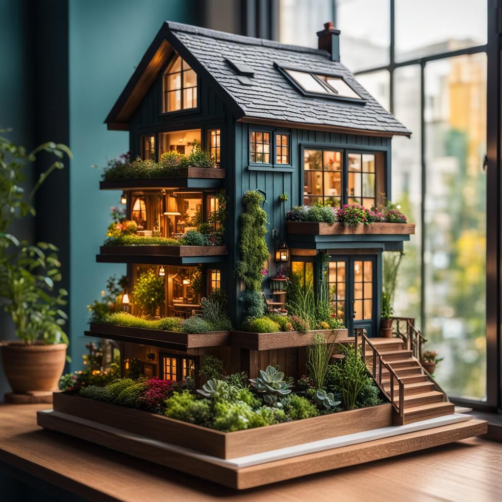 Miniature Four-Story House with Tiny Gardens