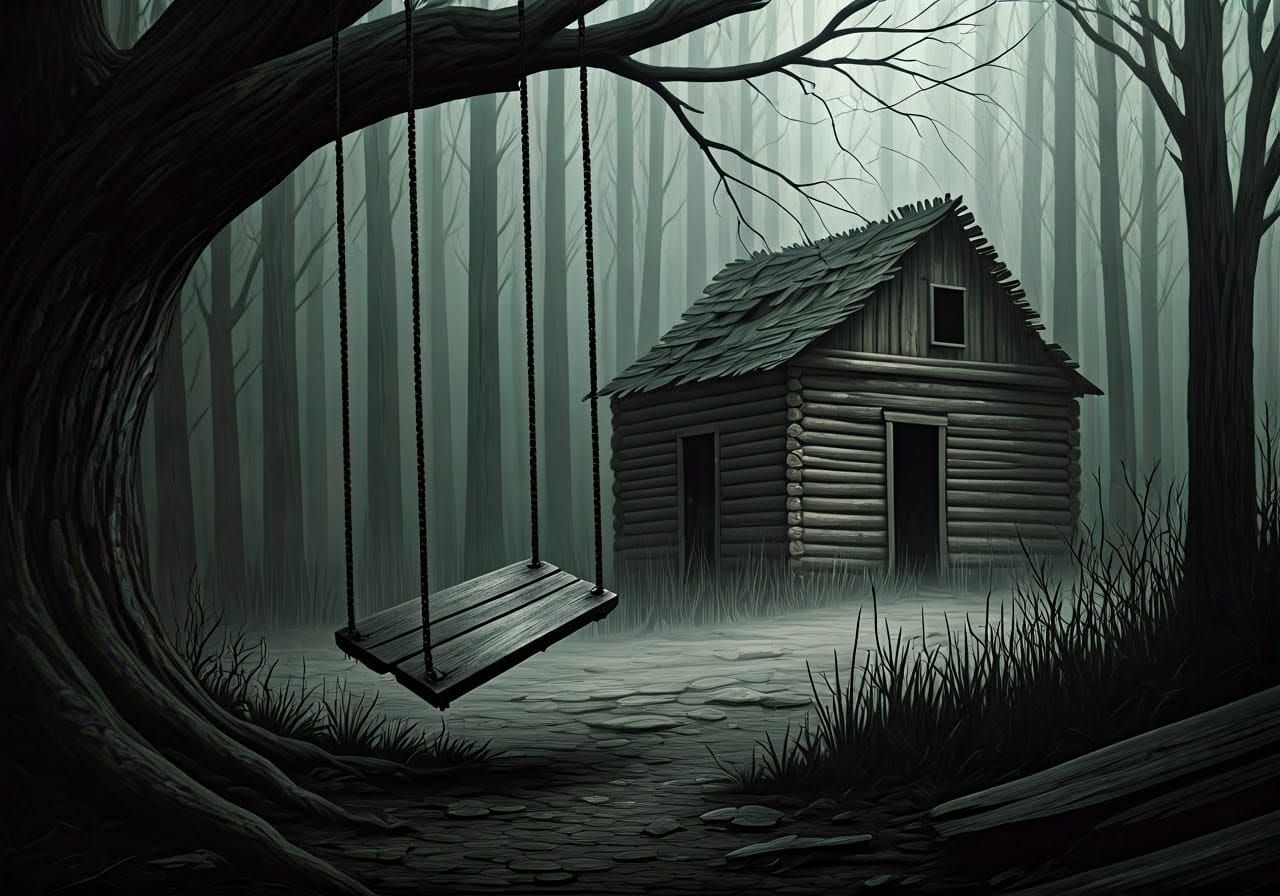 Haunted Cabin with Abandoned Swing in Digital Painting Style