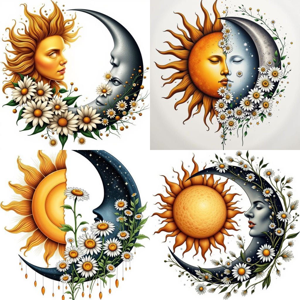 Celestial Tattoo Design with Sun, Moon, and Daisies