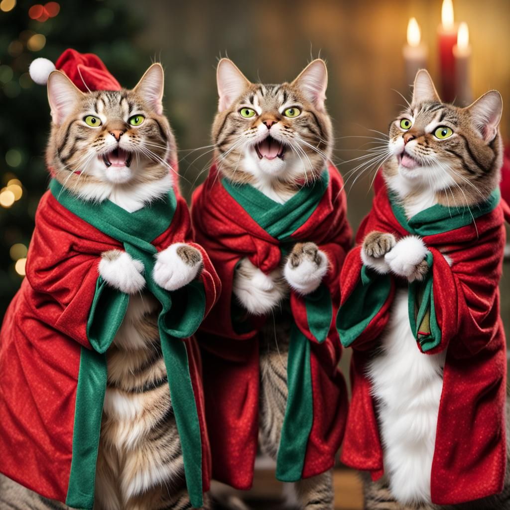 Tabby Cats Caroling in Christmas Robes