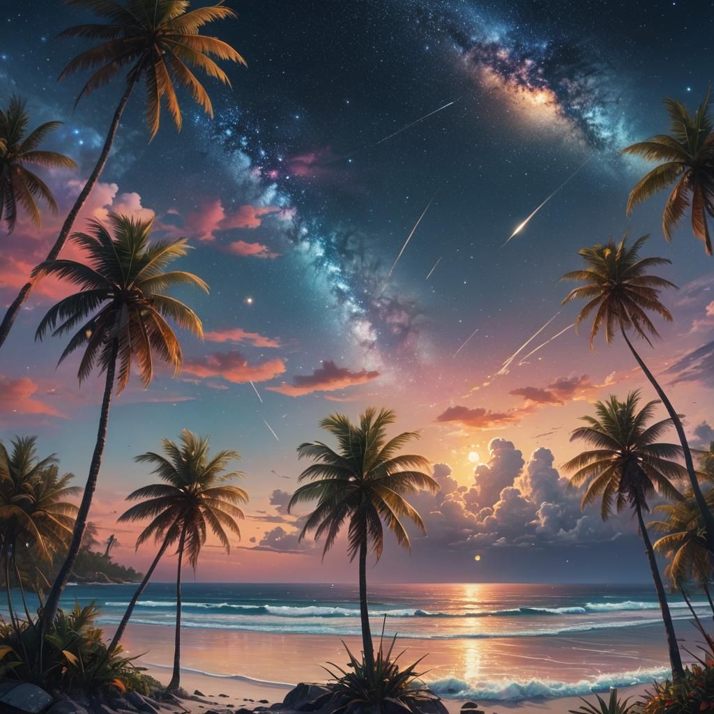 Surreal Palm Trees Under a Colorful Night Sky