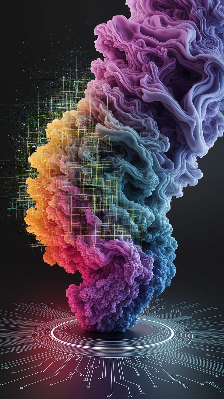 Abstract Glitchcore Smoke Art with Circuit Diagrams