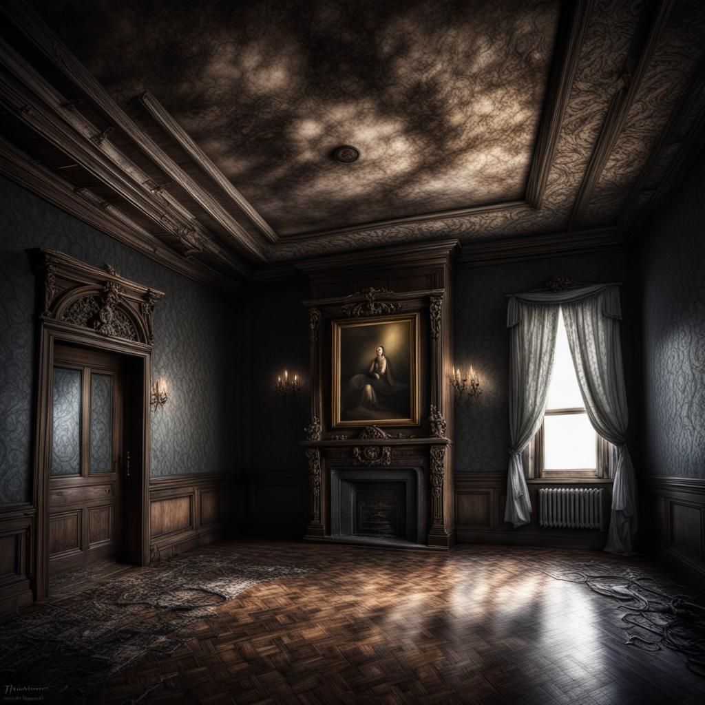 Hyperrealistic Haunted Room with Atmospheric Lighting