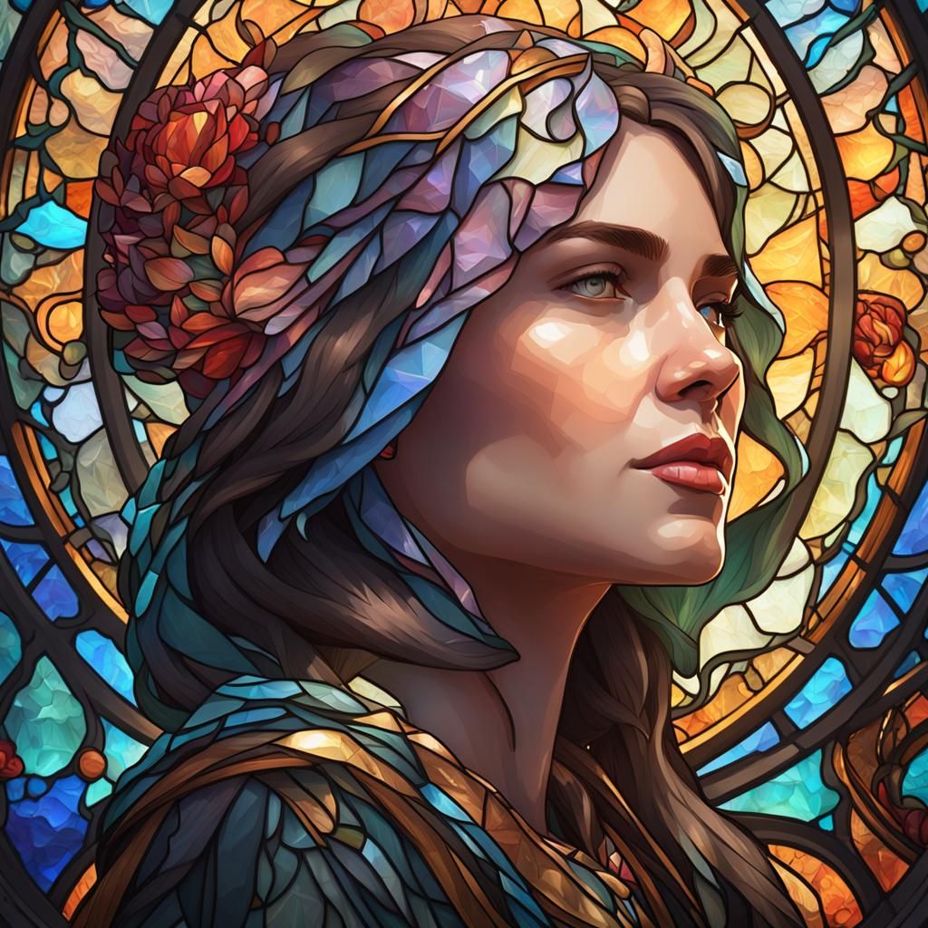 Stained Glass Woman Portrait in Art Nouveau Style